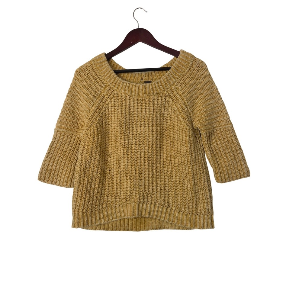 Free People Mustard Yellow Chunky Knit Sweater Size M Cotton Relaxed Boho